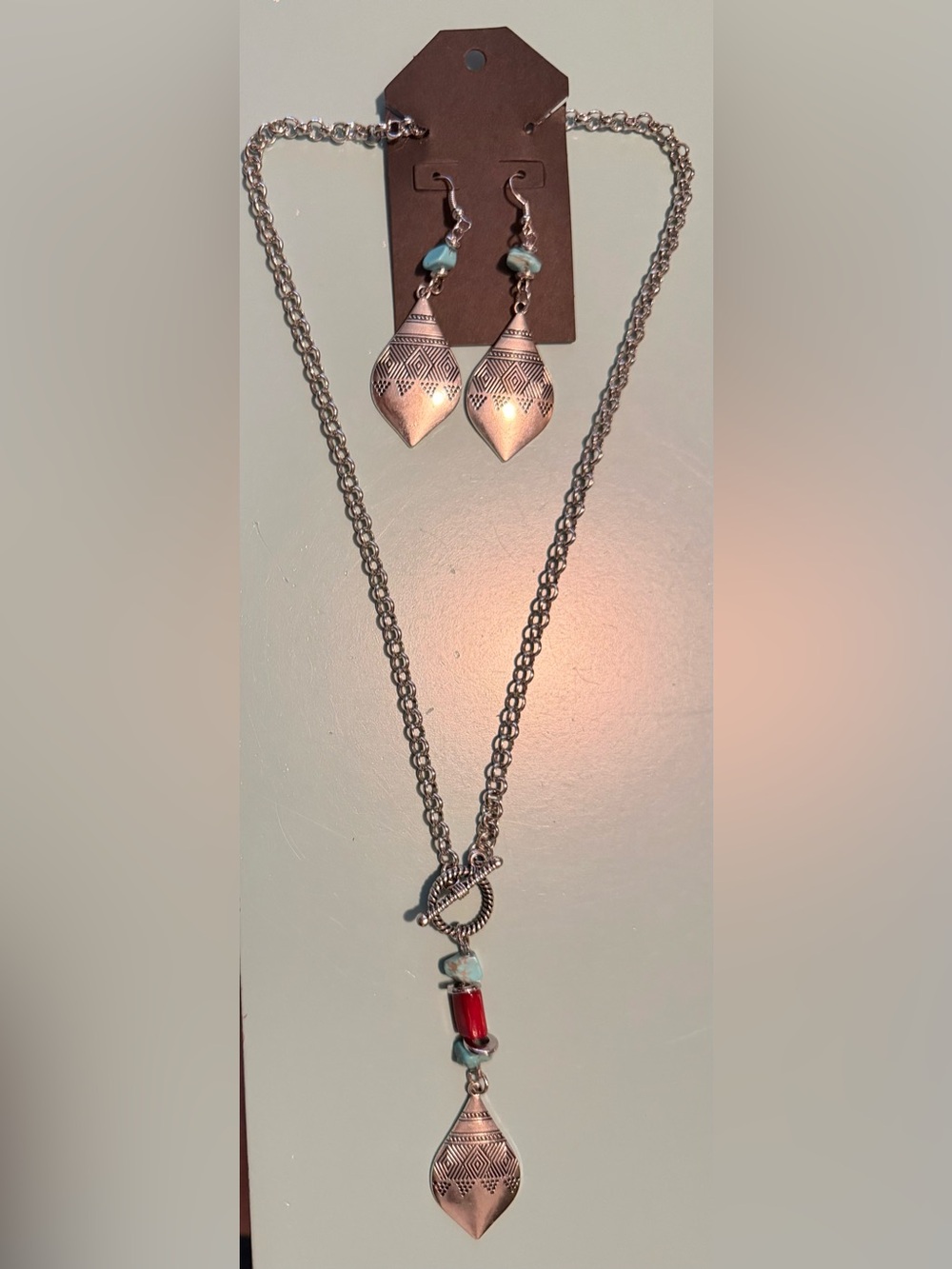 Boho Silver-Tone Necklace and Earring Set with Real Red & Turquoise Accents